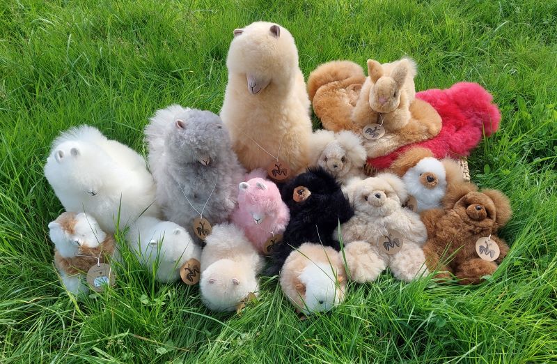 Flauschige Fellprodukte in Form von Alpakas, Teddybären, Meerschweinchen, Hasen und Wärmeflaschen sitzen bzw. liegen im Gras.