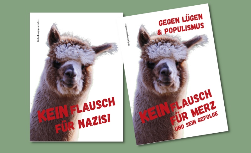 Unsere zwei neuen Sticker mit Chari als Superflauschtier, dass verspricht, dass es kein Flausch für Nazis und auch kein Flausch für Merz und sein Gefolge gibt!